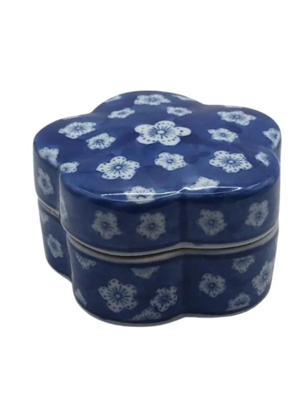 Japanese Porcelain Trinket Dish Plum Blossom Cobalt Blue Floral Kogo Box Vintage